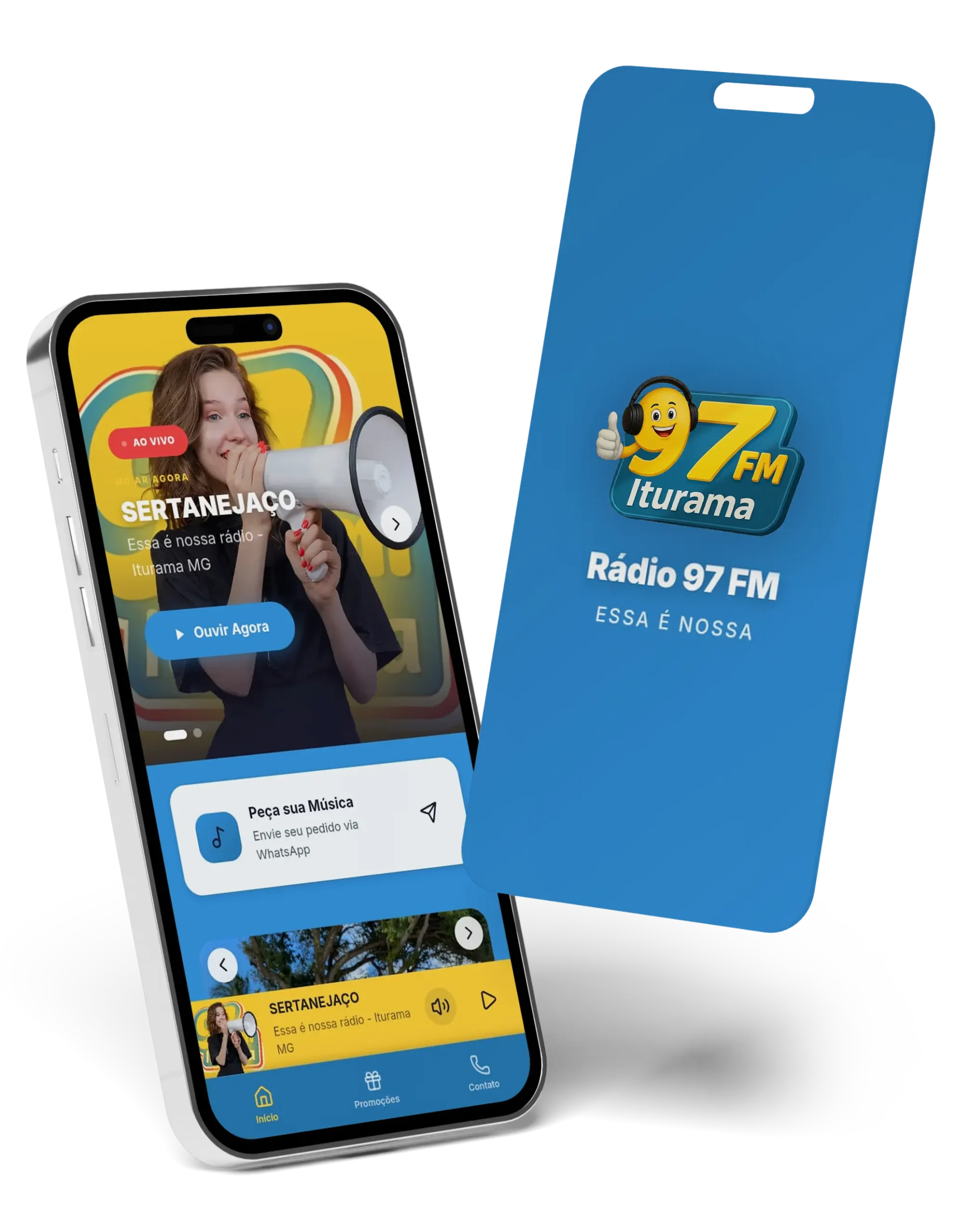App 97 FM - Dois smartphones mostrando o aplicativo
